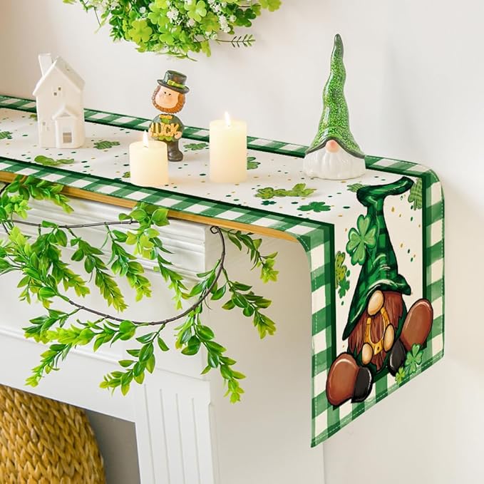 Artoid Mode Shamrock Lucky Buffalo Plaid Gnomes St. Patrick's Day Table Runner, Kitchen Dining Table Decor for Outdoor Home Party Decor 13 x 60 Inch