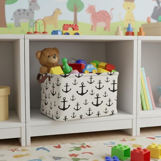 Anchor Storage Basket Waterproof Canvas Toy Storage Bin Home Anchor Decor Collapsible Outdoor Basket with Leather Handles Nautical Decor Blanket Baskets For Closets,Bedrooms,Gifts Baskets