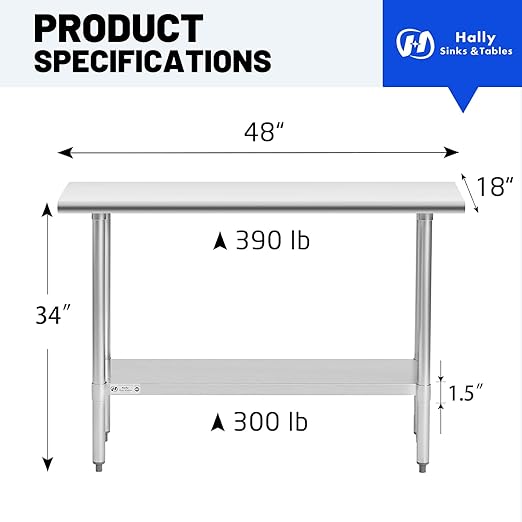 Hally Stainless Steel Table for Prep & Work 18 x 48 Inches, NSF Commercial Heavy Duty Table with Undershelf and Galvanized Legs for Restaurant, Home and Hotel
