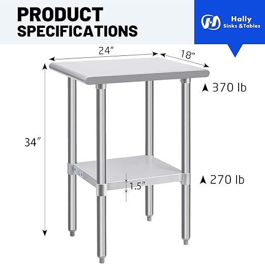 Hally Stainless Steel Table for Prep & Work 24 x 18 Inches, NSF Commercial Heavy Duty Table with Undershelf and Galvanized Legs for Restaurant, Home and Hotel