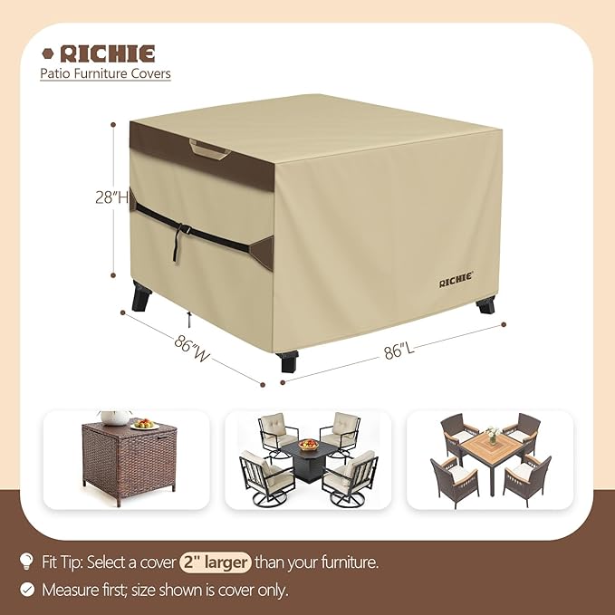 Outdoor Patio Furniture Cover - Heavy Duty Waterproof 600D Tough Canvas Protector for Square Table Cover, All-Season Dining Table and Chair Cover (86L x 86W x 28H Inch)