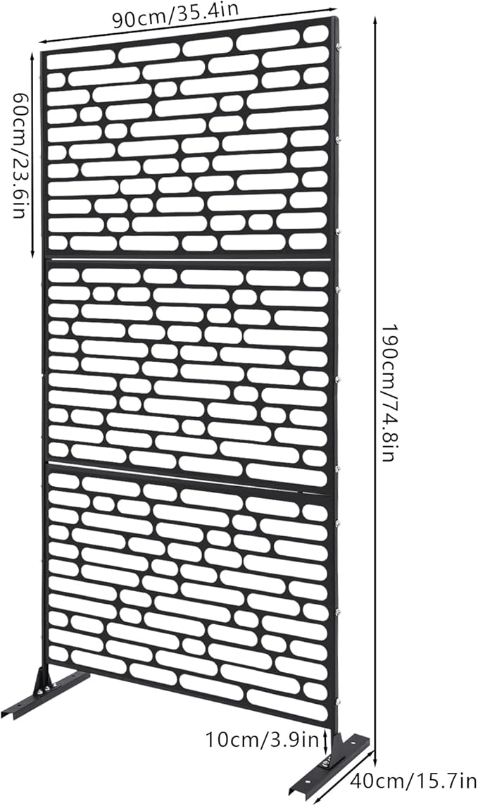75" H×35" W Decorative Outdoor Privacy Screen with Stand, Outdoor Decor Privacy Fence Screen Metal Fence Panels, Free Standing Metal Divider for Patio Lawn Deck (Black-Oval)