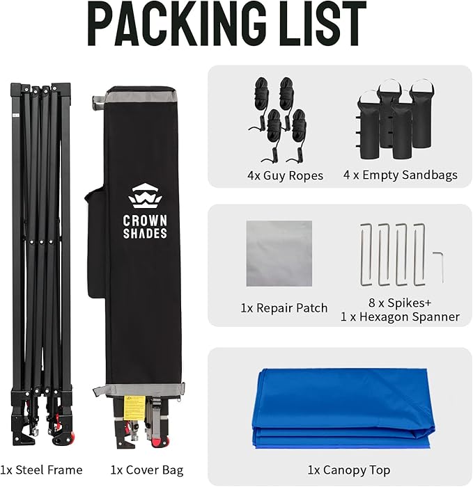 CROWN SHADES 10x10 Pop Up Canopy Tent - Patented Center Lock One Push Instant Outdoor Canopy Beach Tent with STO-N-Go Bag 8 Stakes & 4 Sand Bags，Blue
