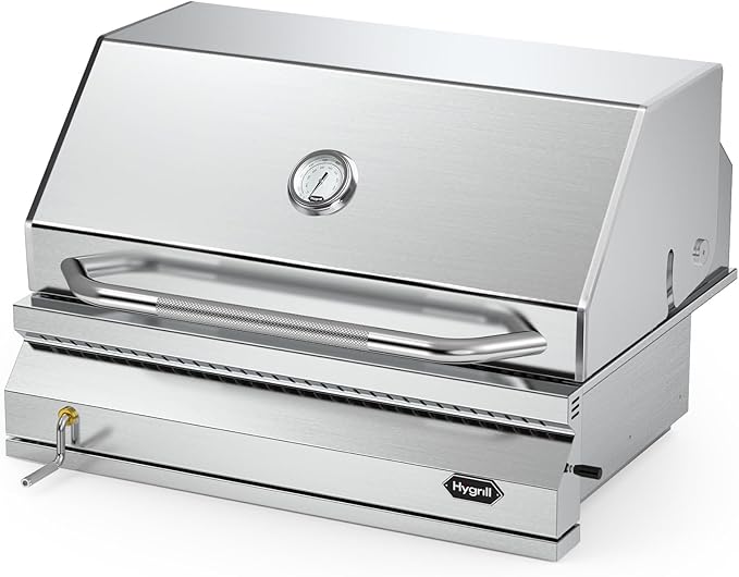 Hygrill Charcoal Grill Head for Outdoor Kitchen, 32-inch Stainless Steel Built-In Grill with Insulated Hood, Temperature Gauge and Fabric Cover