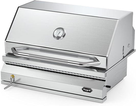 Hygrill Charcoal Grill Head for Outdoor Kitchen, 32-inch Stainless Steel Built-In Grill with Insulated Hood, Temperature Gauge and Fabric Cover
