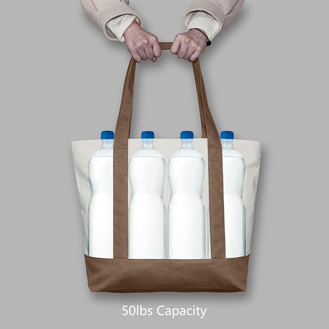 TOPDesign 3-Pack Canvas Tote Bags with an External Pocket, Reusable Grocery Shopping Bags, Top Zipper Closure, Daily Essentials (Brown/Natural)