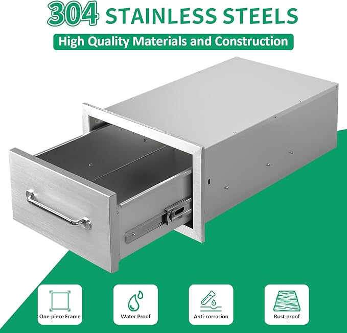 Outdoor Kitchen Drawers 14" W x 8.5" H x 23" D Stainless Steel Single Drawers with Ergonomic Handle for BBQ Island, Patio Grill Station & Outdoor Kitchen Cabinets