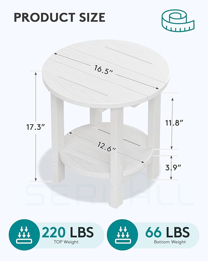 SERWALL Round Outdoor Side Table, HDPE Small Adirondack End Table,2-Tier Patio Side Table for Backyard Pool Porch Garden Lawn, White