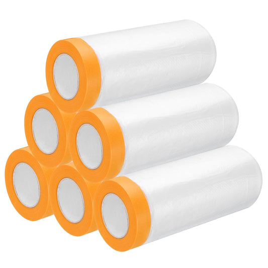uxcell 6 Rolls Painters Plastic with Tape, 6 x 52 Ft Pre-Taped Masking Film Tape and Plastic Film Paint Plastic Covering Roll for Covering Skirting, Frames and Auto Body, Yellow/Clear