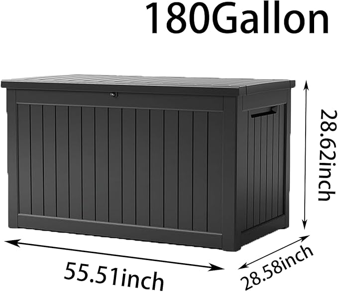 180 Gallon Large Resin Outdoor Storage Deck Box, for Patio Cushions, Garden Tools, Sports Equipment, and Pool Supplies, Lockable & Waterproof (Black)