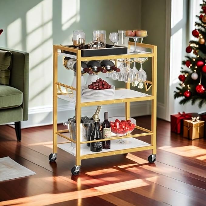 TUTOTAK Bar Cart - Serving Cart for Home - Microwave Cart, Drink Cart, Mobile Kitchen Shelf with Wine Rack and Glass Holder, Rolling Beverage Cart BC01BMG030