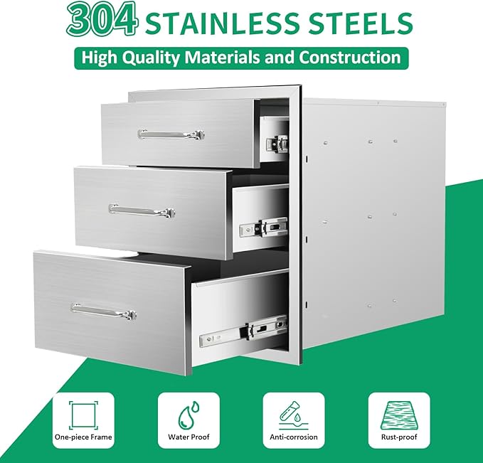 Outdoor Kitchen Drawers 18" W x 21" H x 23" D Stainless Steel Triple Drawers with Ergonomic Handle for BBQ Island, Patio Grill Station & Outdoor Kitchen Cabinets