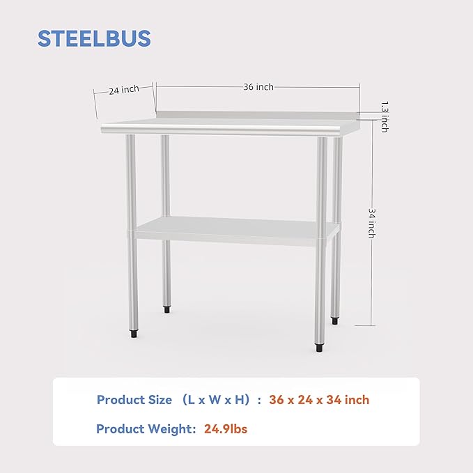 24x36 Inch Stainless Steel Work Table with Backsplash and Undershelf, Heavy Duty Commercial Prep Table, Kitchen Workbench with Adjustable Shelf, NSF Certified