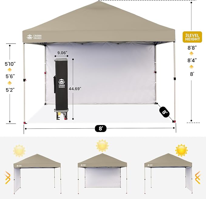 CROWN SHADES 8x8 Pop Up Canopy with 1 Side Wall - Beach Tent with One Push Setup - Outdoor Sun Shade for Events, Parties, Camping - Gazebo with STO-N-Go Cover Bag (Beige)