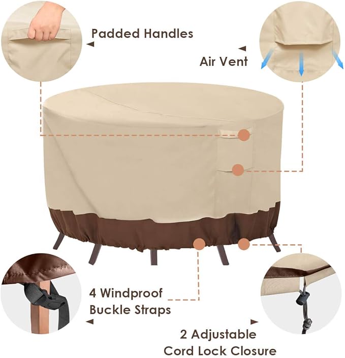 Vailge Round Patio Furniture Covers, 100% Waterproof Outdoor Table Chair Set Covers, Anti-Fading Cover for Outdoor Furniture Set, UV Resistant (Beige&brown, 110"DIAx28"H)