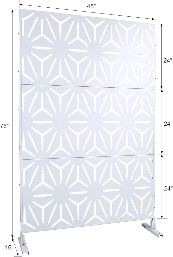 Outdoor Privacy Screen, 76" H x 48" W Decorative Metal Panel, Steel Privacy Divider with Freestanding Base, Ideal for Garden, Patio, or Balcony, White