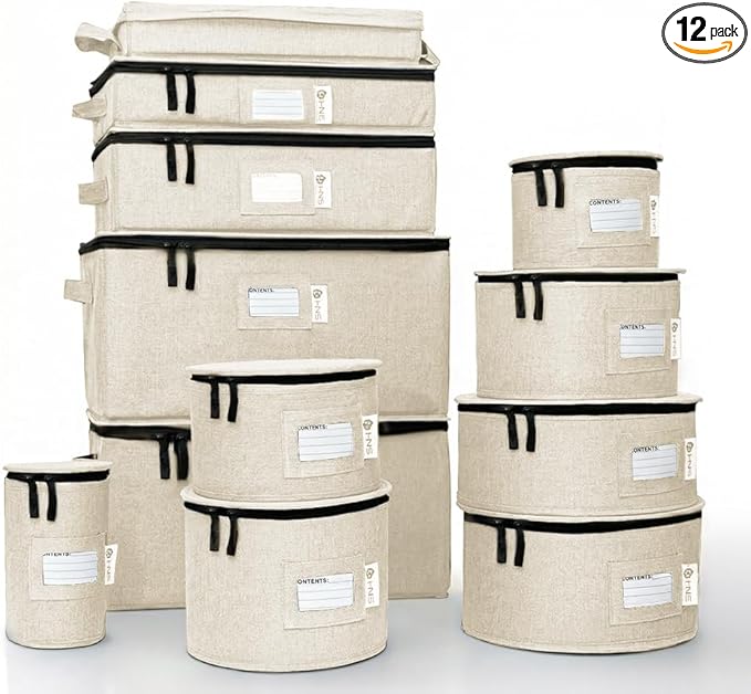 China Storage Hard Shell Containers 12-Piece Set Moving Boxes for Dinnerware, Glasses, Plates, Mugs and Saucers Sturdy Dish Organizer with Dividers for Seasonal Storage - Service for 12 - Beige