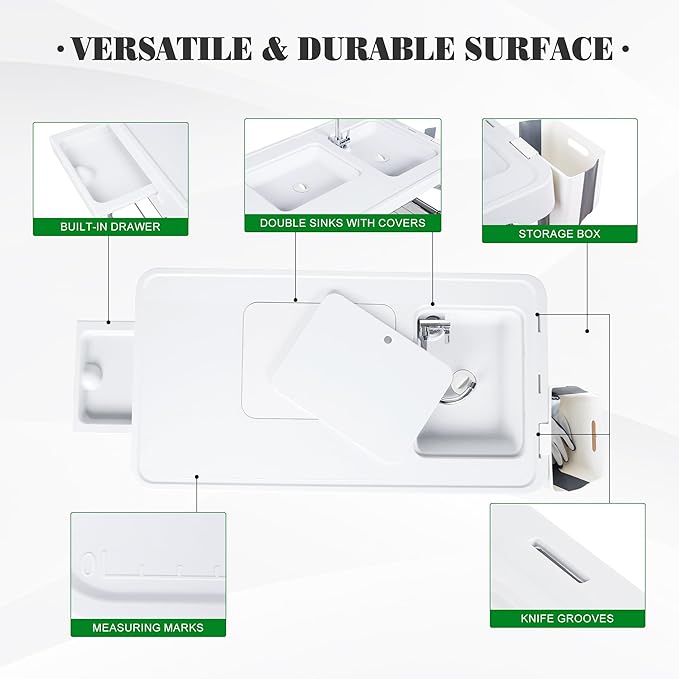 Allpop Fish Cleaning Table with 2 Sinks & Grid Rack, 42.5'' Portable Folding Camping Fish Station with Foldable Faucet, Drainage Hose, Sprayer, Storage Box, Drawer & Grooves for Picnic, White