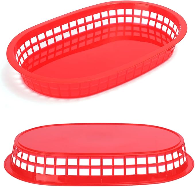 60 Pack Fast Food Baskets, 10.6 x6. 7 Inch Versatile Red Plastic Food Baskets, Food Service Tray for Burgers, Fries, Sandwiches, Hot Dogs, Barbecues, Picnics, Parties, Durable and Safe