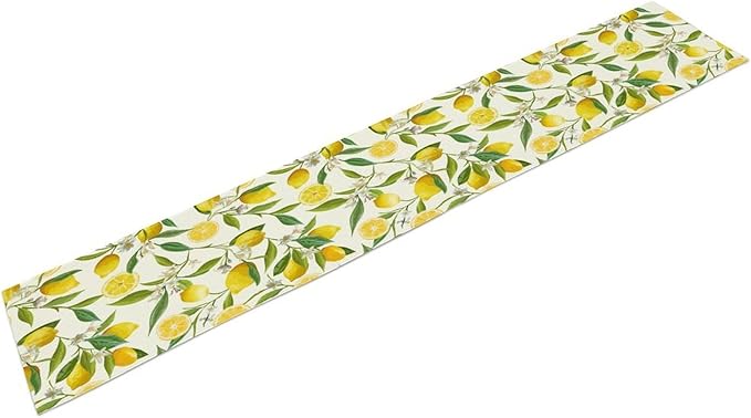 Lemon Table Runner, Summer Fruits Green Leaves Flower Plant Table Runner for Farmhouse Coffee Home Kitchen Dining Party Outdoor 13x108in
