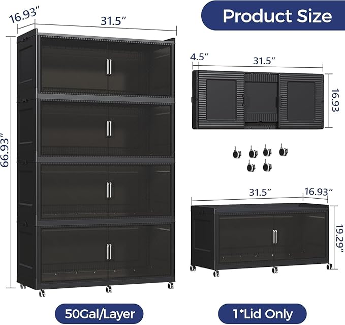 200GAL Extra Large Storage Bins with Lid, 800QT Collapsible Organizer with Wheels, Stackable Closet Cabinet with Doors, Folding Storage Containers for Home, Office, Kitchen, 4Pack Black