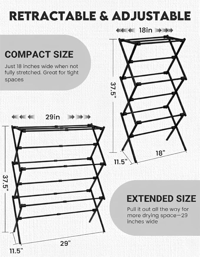 3-Tier Metal Folding Clothes Drying Rack, Laundry Drying Rack Clothing | Collapsible Dryer Racks for Laundry | Indoor & Outdoor,Black