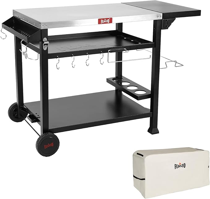 Outdoor Grill Table Cart, Pizza Oven Stand for Outdoor Indoor, 40" x 26" Stainless Steel Tabletop Dining BBQ Grill with Wheels for Food Prep, 3-Shelf Kitchen Cart with Cover
