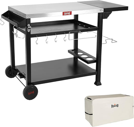 Outdoor Grill Table Cart, Pizza Oven Stand for Outdoor Indoor, 40" x 26" Stainless Steel Tabletop Dining BBQ Grill with Wheels for Food Prep, 3-Shelf Kitchen Cart with Cover