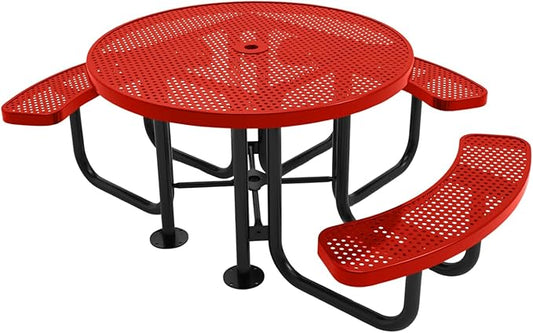 COATEDOUTDOORFURNITURE Heavy-Duty Portable Outdoor Picnic Table with Umbrella Hole, Punched Steel Patio Dining Furniture Made in America (46" Round Top, Red)