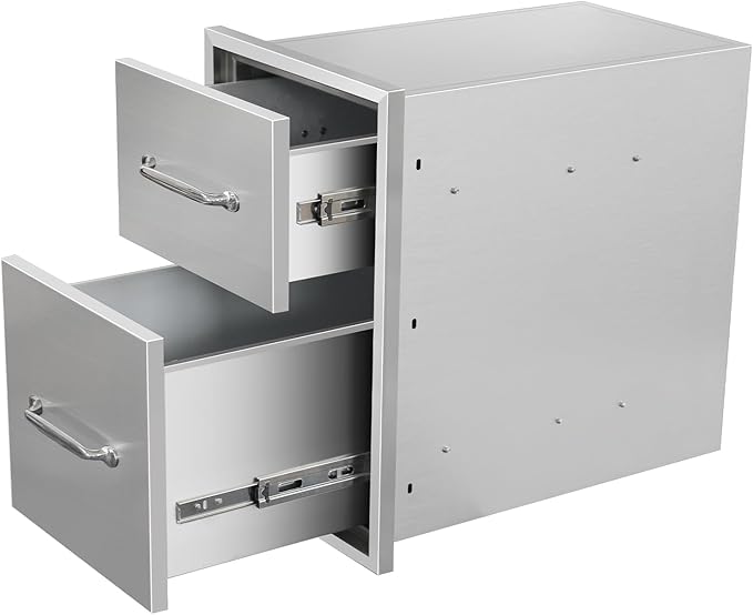 Outdoor Kitchen Drawers 14"Wx21"Hx21"D Flush Mount Access 2-Drawer BBQ Stainless Steel Drawers with Handle for Outdoor Kitchen Island or Grill Station