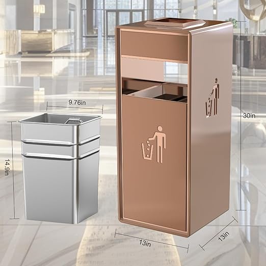 Commercial Trash Can - 42L Heavy Duty Stainless Steel Garbage Bin with Ashtray & Liner, Fingerprint-Resistant Indoor Outdoor Waste Container for Restaurant,Hotel,Shopping mall,13"x13"x30"