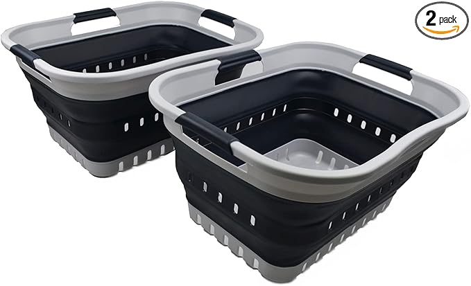 SAMMART 30L (8 gallons) Collapsible Plastic Laundry Basket/Hamper-Foldable Storage Container/Organizer-Space Saving Outdoor Pop Up Saving (Grey/Slate Grey (Set of 2))
