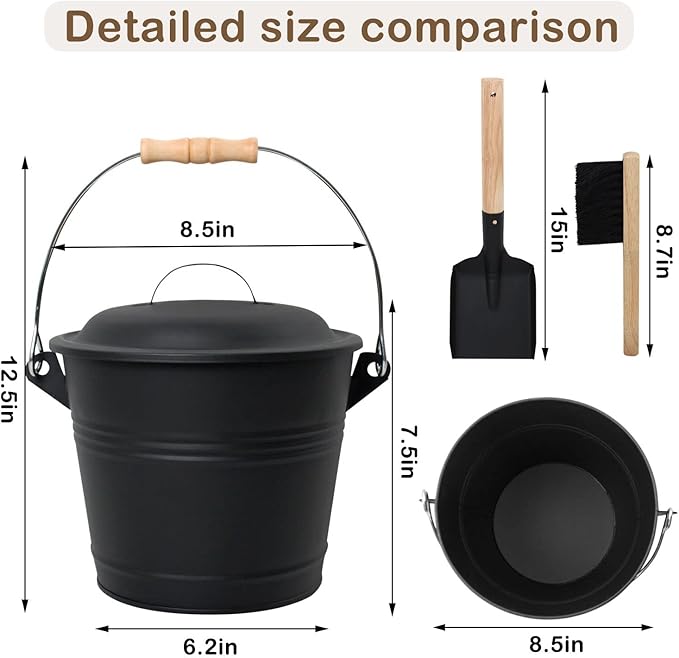 Poofzy Ash Bucket with Lid, Small Fireplace Ash Bucket with Lid and Shovel, 1.3 Gallon Metal Bucket for Fireplace with Hand Broom and Gloves, Fireplace Bucket for Ashes for Wood Stove and Fire Pit