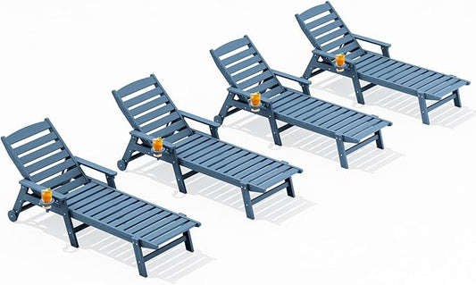 SERWALL Patio Chaise Lounge Chair Set of 4, 5 Positions Adjustable Poly Outdoor Lounger for Pool, HDPE Lounge Chair with Rolling Wheels & Cup Holder for Poolside, Deck, Blue
