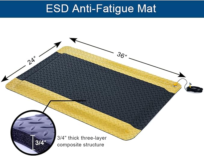 2' x 3' ESD Anti-Fatigue Conductive Mat, Durable Heavy Duty Diamond Plate, Non Slip Waterproof Floor Mats for Commercial&Industrial Work, Thick 3/4” with Yellow Border