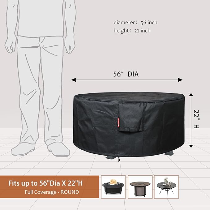 SheeChung Fire Pit Cover Round 56”D X 22”H for Solo Stove Fire Pit Surround Table,Waterproof Heavy Duty 600D Polyester Outdoor Table Protective Cover,Large Shelter for Smokeless Gas Fire Pit