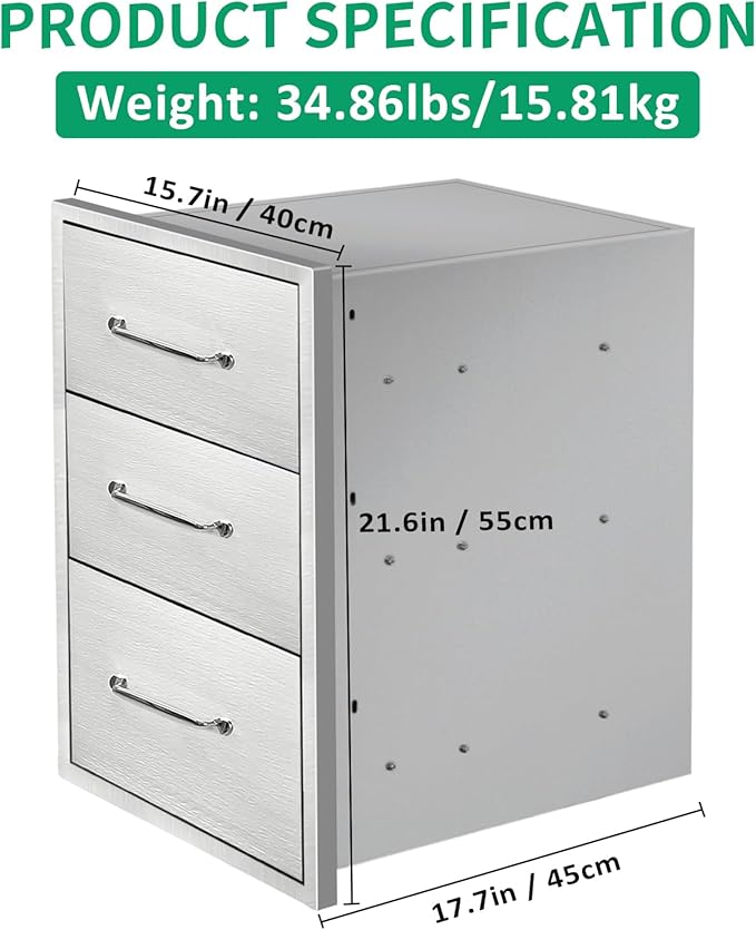 Outdoor Kitchen Drawers 15.7" W x 21.6" H x 17.7" D Stainless Steel Triple Drawers with Ergonomic Handle for BBQ Island, Patio Grill Station & Outdoor Kitchen Cabinets