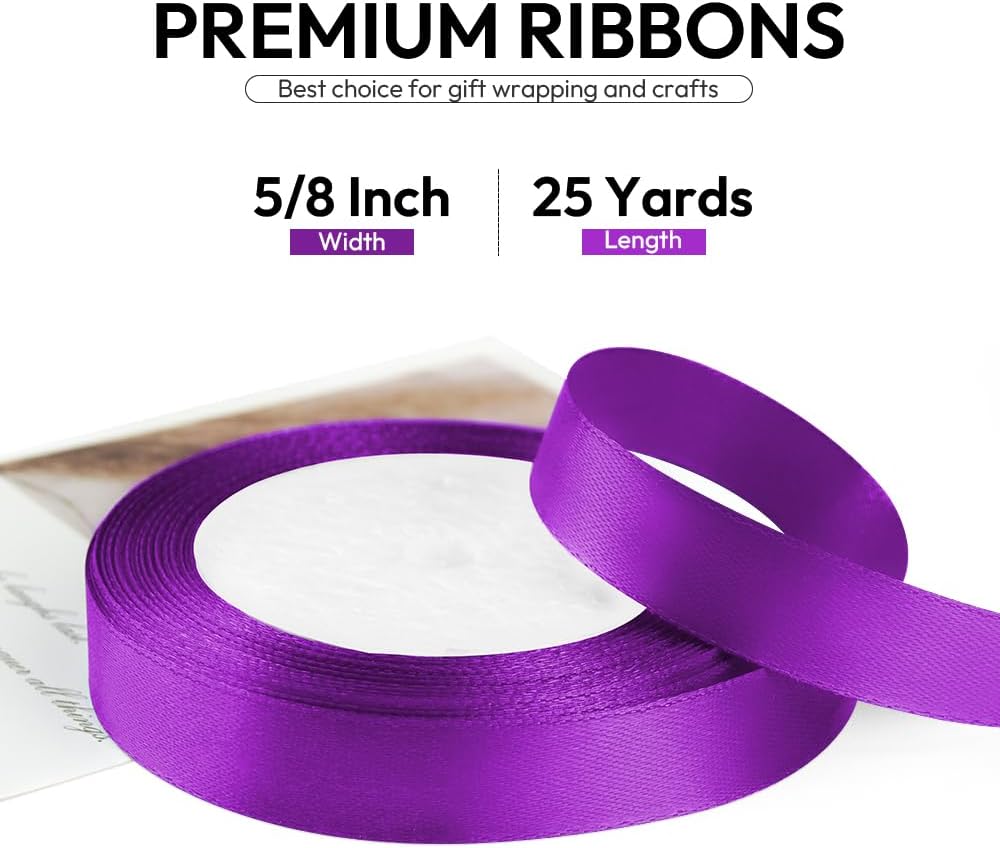 5/8 Inch 25 Yards Satin Ribbon Purple, Solid Color Fabric Ribbon for Gift Wrapping, Wedding, Polyester Gift Ribbon for Birthday Party Decoration, Craft, Hair, Floral, Sewing