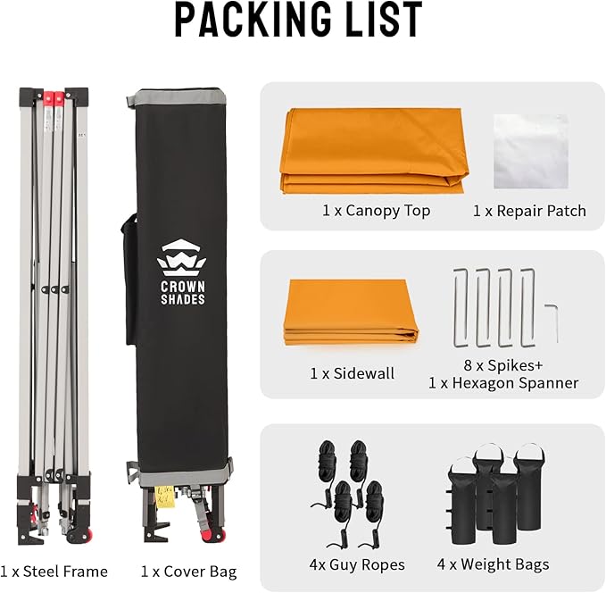 CROWN SHADES 10x10 Pop Up Canopy with 1 Side Wall - Beach Tent with One Push Setup - Outdoor Sun Shade for Events, Parties, Camping - Gazebo with STO-N-Go Cover Bag (Orange)