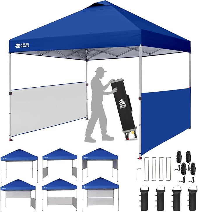 CROWN SHADES 10x10 Pop up Canopy Tent Instant Canopy with 150D Silver Coated Fabric Including 2 Half Sidewalls, 4 Ropes, 8 Stakes, 4 Weight Bags, STO 'N Go Bag, Navy Blue