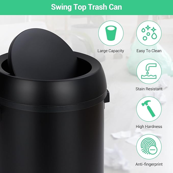 Commercial Grade Stainless Steel Kitchen Trash Can, 65L (17 Gallon) Heavy Duty Round Garbage and Recycling Bin with Fingerprint-Proof Swing Lid, Durable Indoor and Outdoor Use