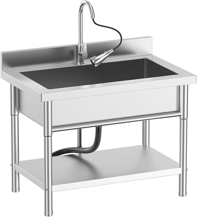 Stainless Steel Utility Sink, 39.5" × 23.6" × 31.5"Freestanding Sink with Retractable Cold and Hot Water Faucet,Hoses and Drain Kit for Kitchens, Bathrooms, Garage, Laundry Room