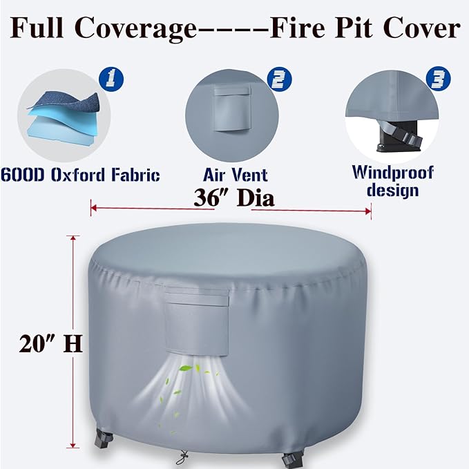 Chinchilla Heavy Duty 36 Inch Round Fire Pit Cover - 100% Waterproof & Weatherproof, Durable All-Season Protection for 33/34/35/36 Inch Propane Fire Pits and Tables