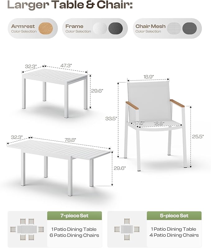 Expandable Outdoor Patio Dining Table Set for 6-8 Person, Aluminum Outdoor Table and 4 Chairs with Textilene Fabric & HDPS Armrest, All-Weather Patio Furniture Set for Yard, Garden, White