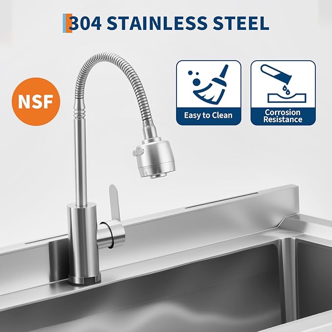 Stainless Steel Utility Sink, 35 Inch Freestanding Commercial Sink, Adjustable Leg with Hot and Cold Water Faucet, Hoses and Drain Kit, Large Laundry Tub for Kitchen, Garage, Bathroom, Outdoor Use