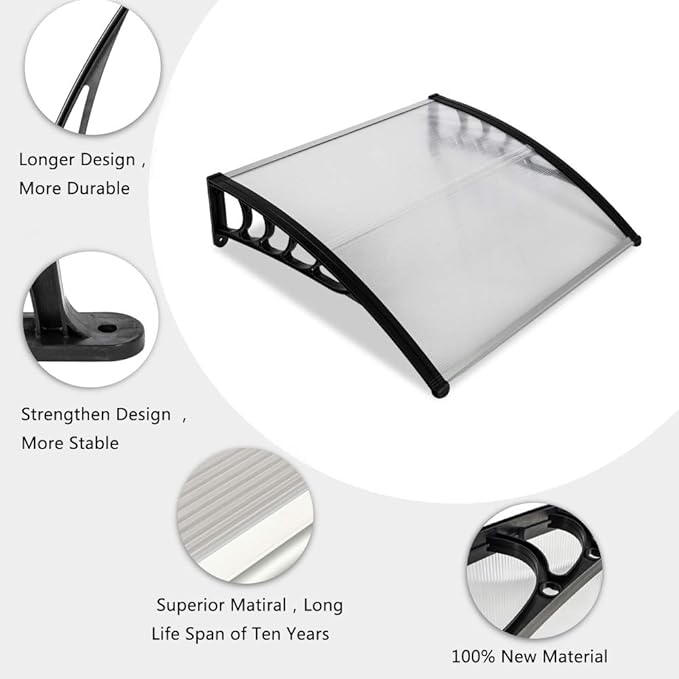 Simply-Me 40" x 40" Door Window Awning Polycarbonate Cover Front Door Outdoor Patio Awning Canopy UV Rain Snow Protection Hollow Sheet (Silver & Black Bracket)