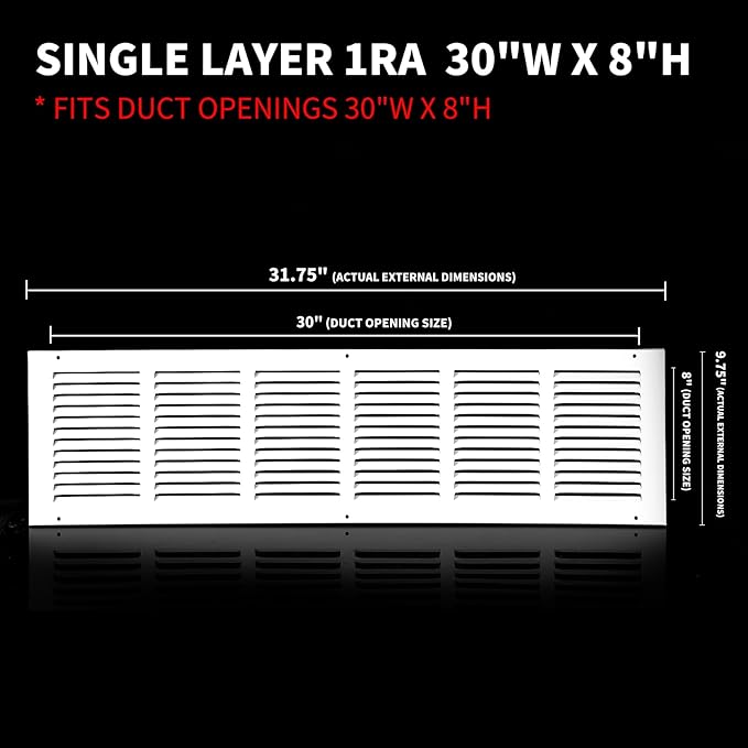 30x8 Return Air Grille(Duct Opening Size),Air Return Vent Cover,Flat Vent Cover,Rejillas De Aire Acondicionado para Casa,Return Air Grilles,Outer Dimensions:31.75"Wx9.75"H(30"W x 8"H, Duct Opening)