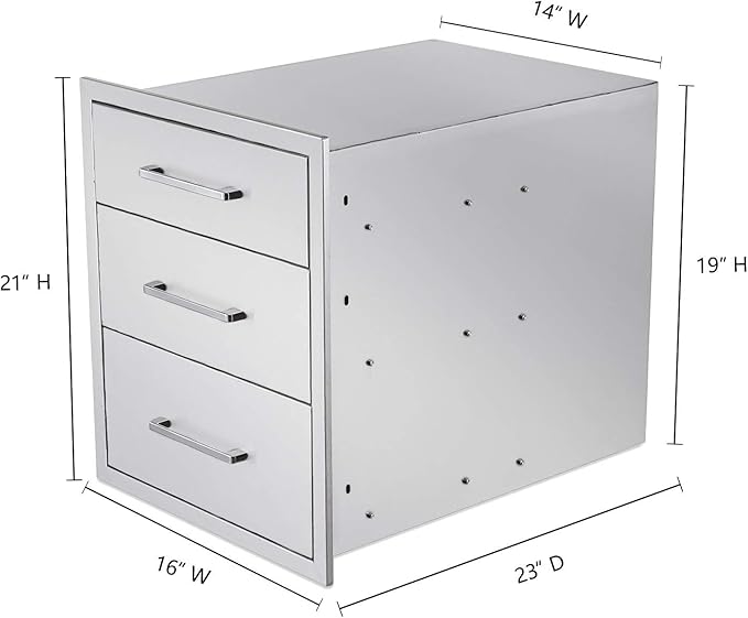 Outdoor Kitchen Drawers Stainless Steel 3-Drawer BBQ Drawer 16" W x 21" H x 23" D Enclosed Built-in Drawer Flush Mount for Outdoor Kitchens & BBQ Islands