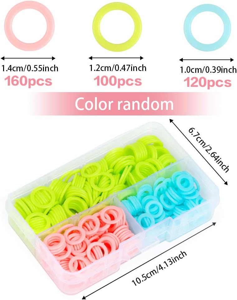 LUNARM 380 Pieces Colorful Knitting Stitch Markers Rings, Stitch Markers Rings(S/M/L) with Portable Storage Box for Sewing DIY Knitting Handcrafts