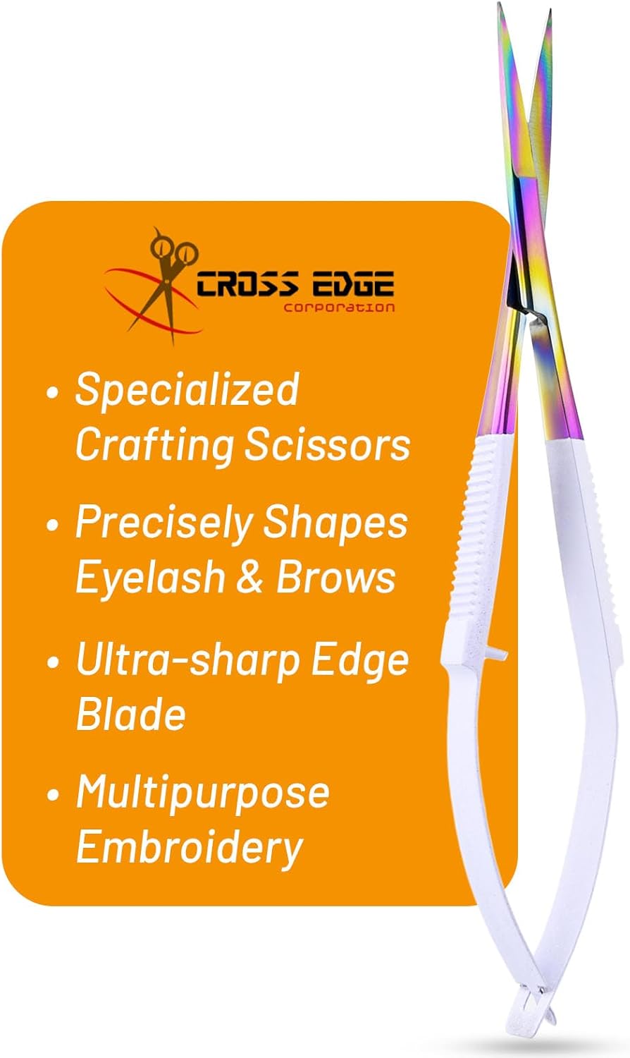 Cross Edge Spring Scissors 5 Inch straight Stainless-Steel Precision Eyebrow & Eyelash Shaping Trimming Scissor, Squeeze, Embroidery, Knitting Micro Tip Craft Scissors (Rainbow Glitter White)